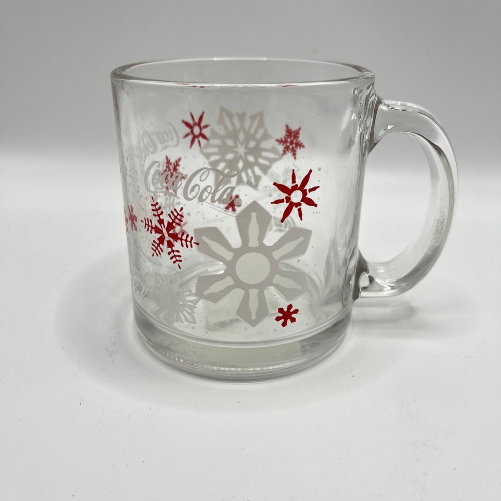 Coca-Cola Libbey Glass Mug Snowflake Christmas Red White Clear Coffee Cup 5213 - Picture 5 of 5